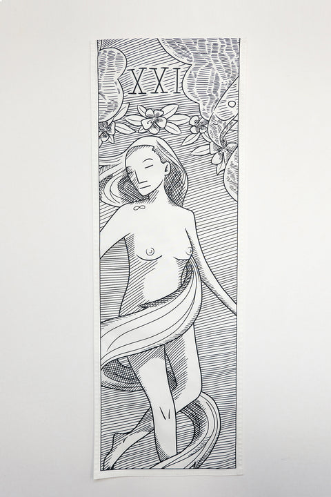 THE WORLD vertical panel is made from leftover deadstock white cotton poplin. The panel has an exclusive design inspired by tarot cards drawn by the artist Maria Robla and printed with black artisanal eco-friendly ink locally in Paris in collaboration with RoStudio. Attach the black and white panel to the essential pieces to personalize them and wear them your unique way. Your perfect summer accessory.