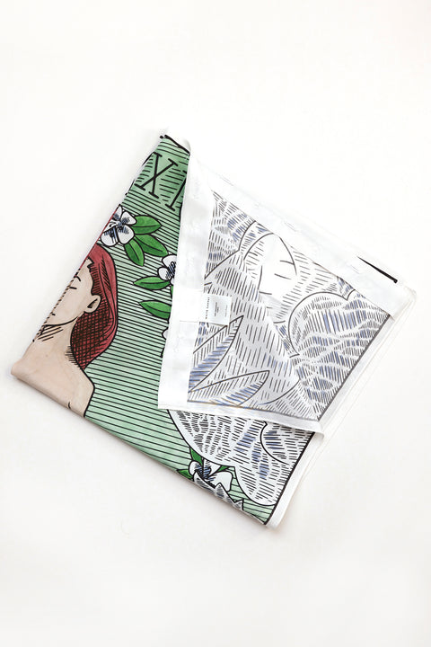 THE WORLD foulard and square panel is made from leftover deadstock silk fabric The foulard has an exclusive design inspired by tarot cards drawn by the artist Maria Robla, printed with black artisanal eco-friendly ink locally in Paris and hand painted by the artist. Wear the foulard alone or attach it to the essential pieces to personalize them and wear them your unique way. Your perfect summer accessory. White Canvas x Maria Robla.